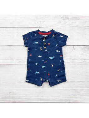 Carter's Baby Nautical Fish Short Sleeve Henley Romper Shark Print 0-3 Months